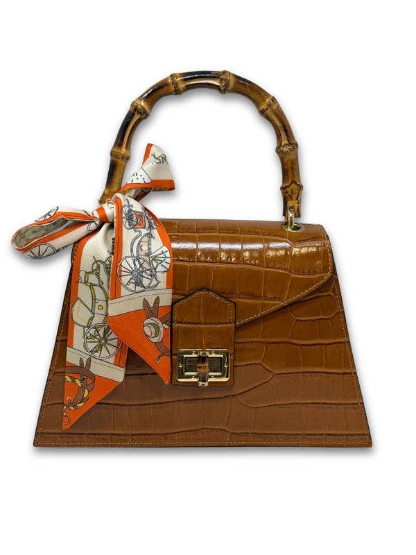 Italian Crocco Leather Bamboo Handle Bag - Mocha