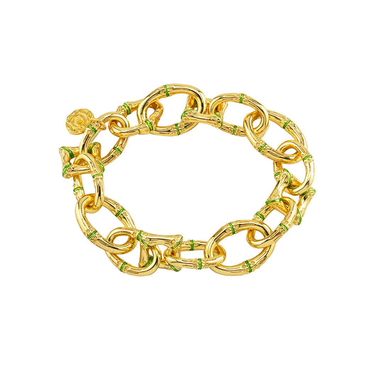 Capucine De Wulf Bangkok Bamboo Link Bracelet, 7.25" - Gold/Green Enamel