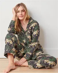 Print Fresh Lightweight Flannel Long PJ Set In Bagheera - Ink