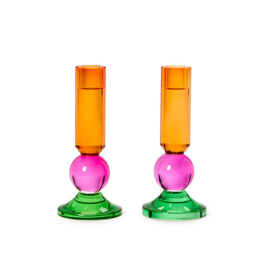 Two's Company Color Pop Set of 2 Glass Taper Candlestick - Short