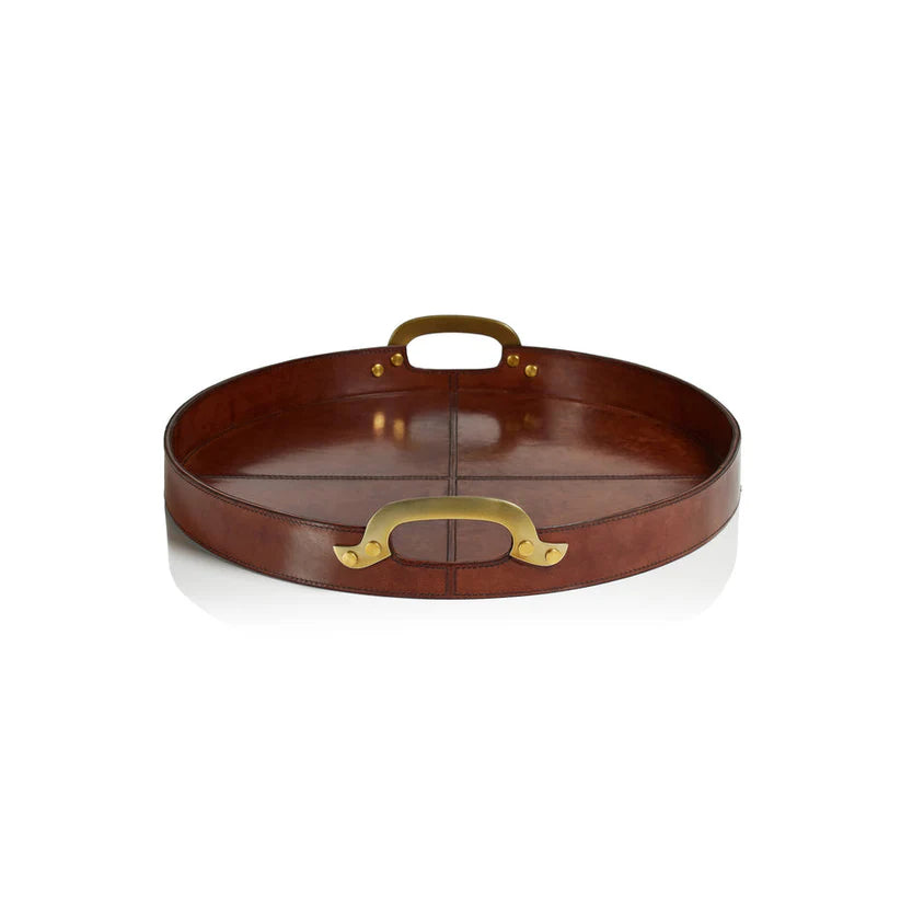 Zodax Round Leather Tray with Brass Handles