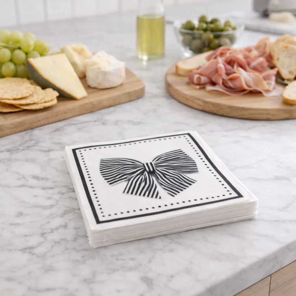 Maven Home Linen-Feel Cocktail Napkins, Black Bow