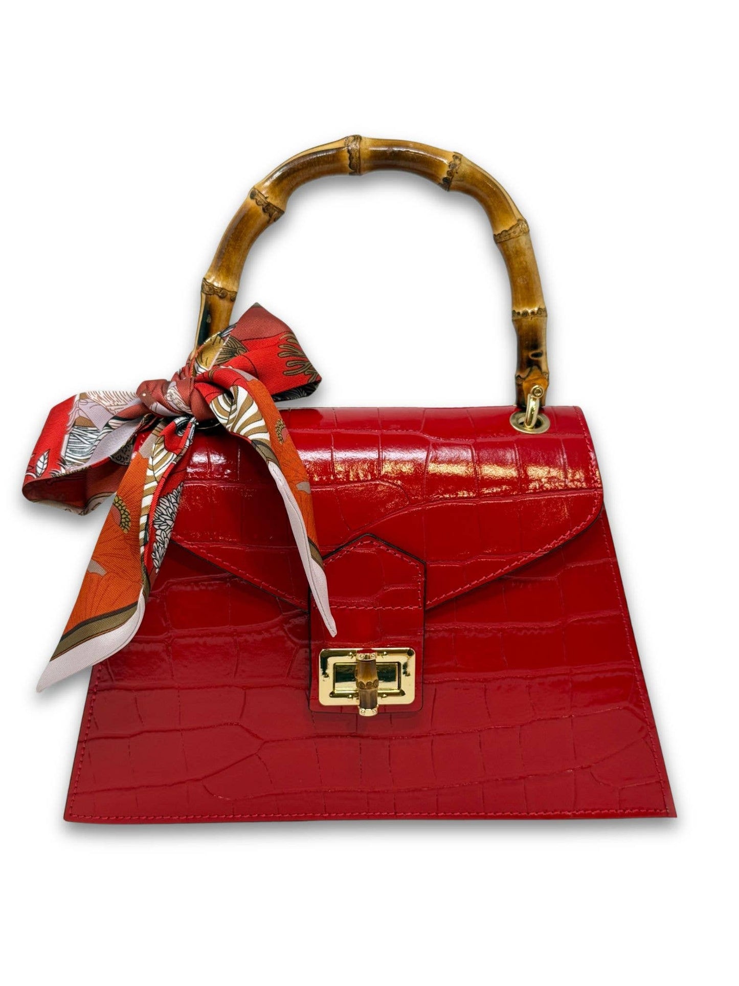 Italian Crocco Leather Bamboo Handle Bag - Mocha