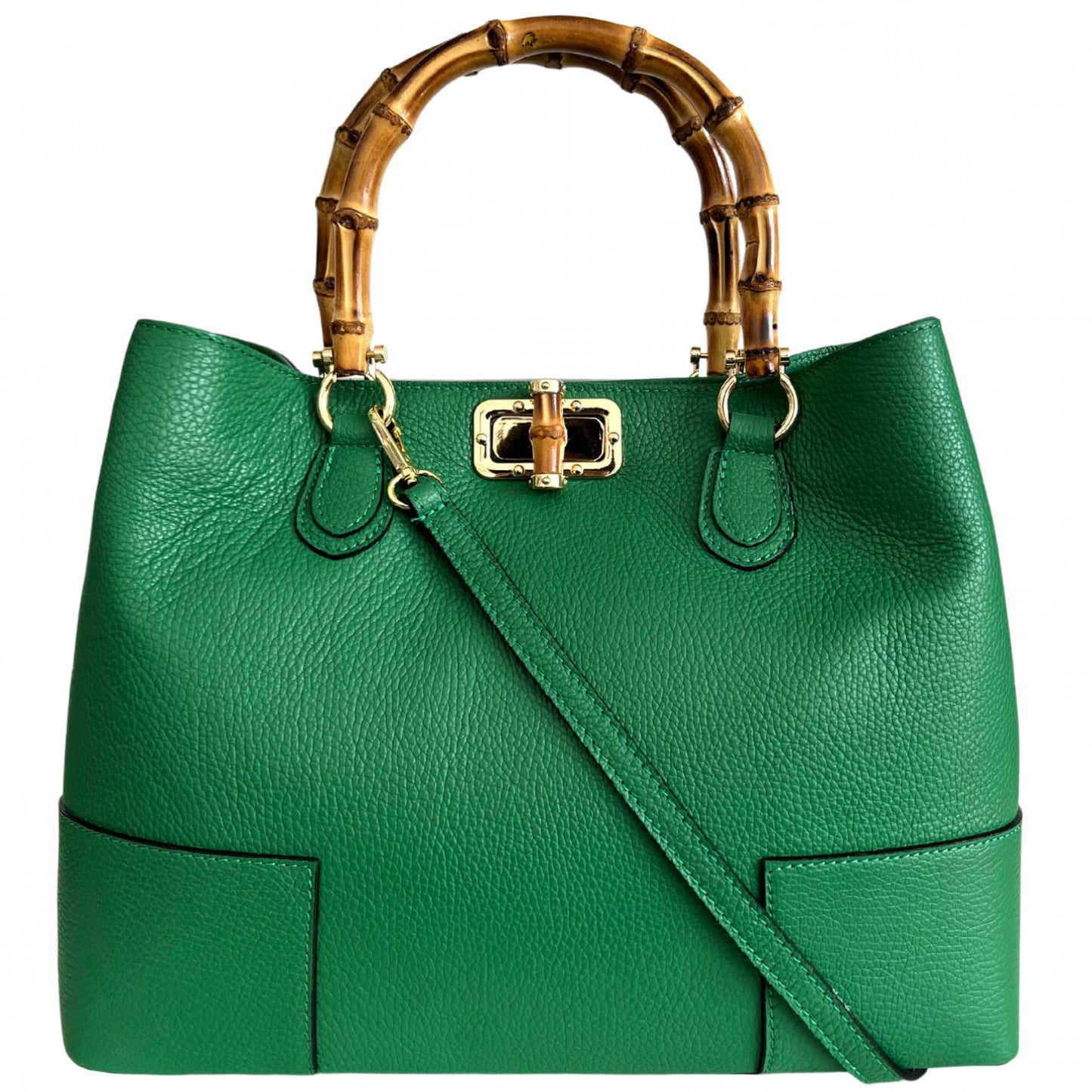 Modarno Women's Bag in Genuine Leather with Real Bamboo Hand: Emerald Green