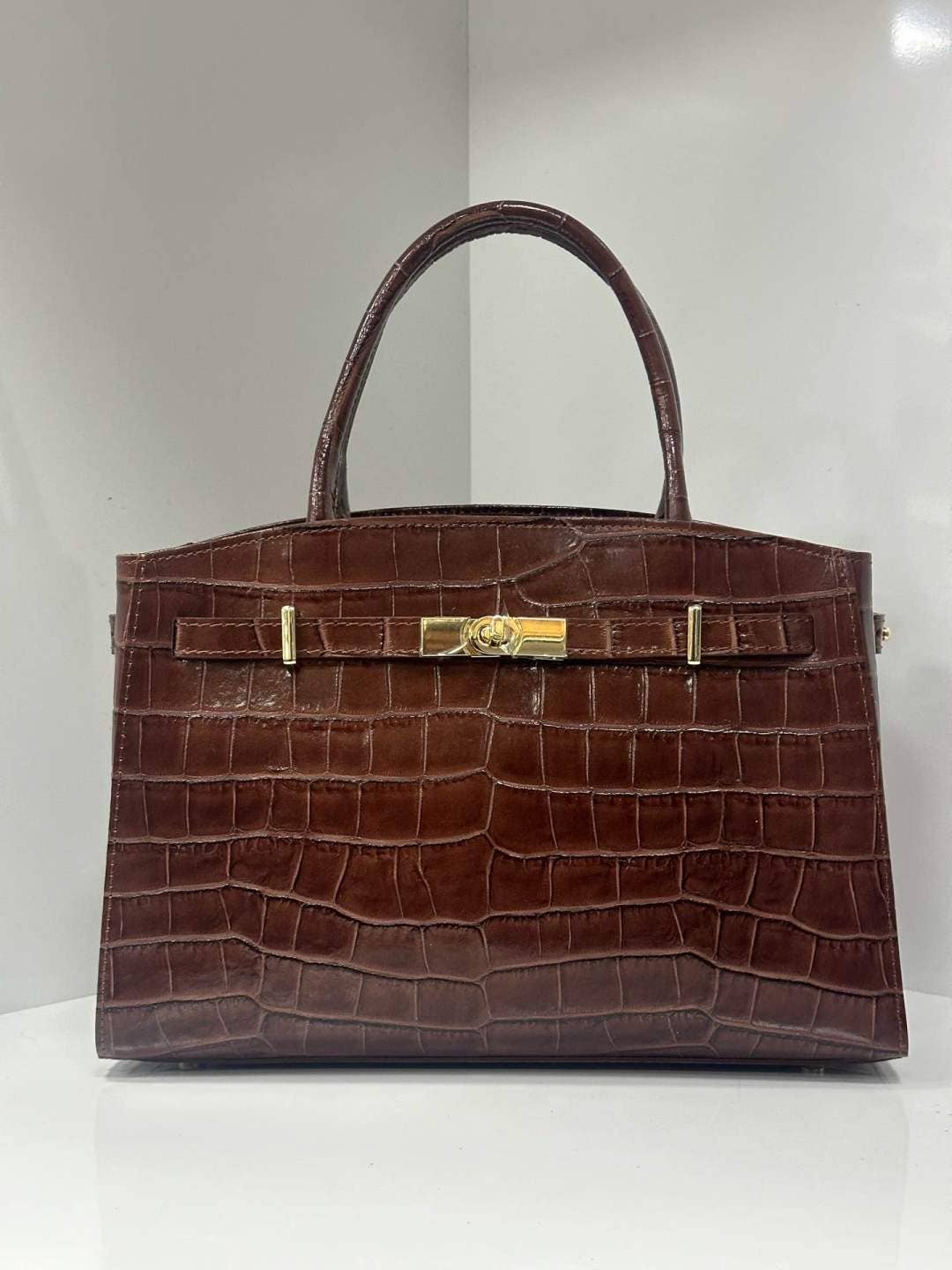 Italian Leather Croc-Embossed Top Handle Bag - Brown