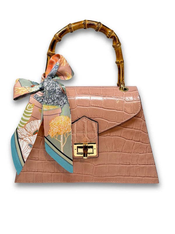 Italian Crocco Leather Bamboo Handle Bag - Mocha