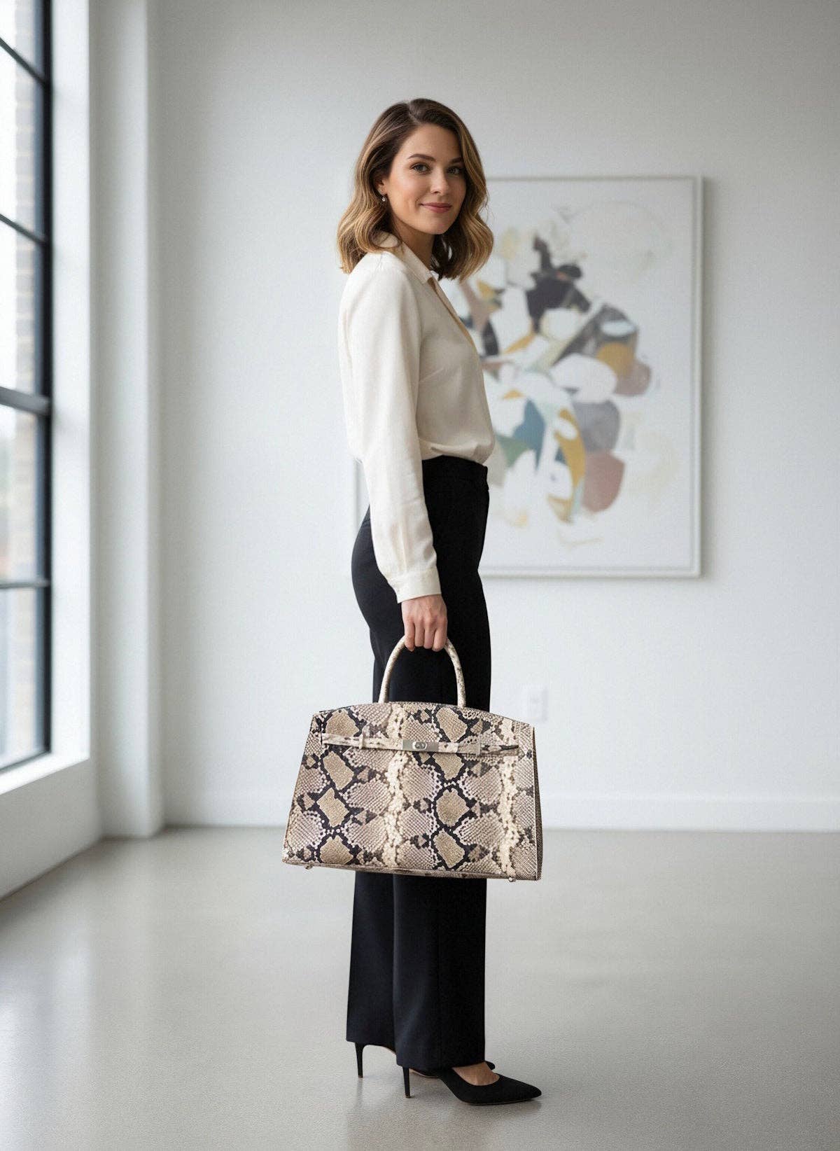 Genuine Leather Handbag - Snake Print