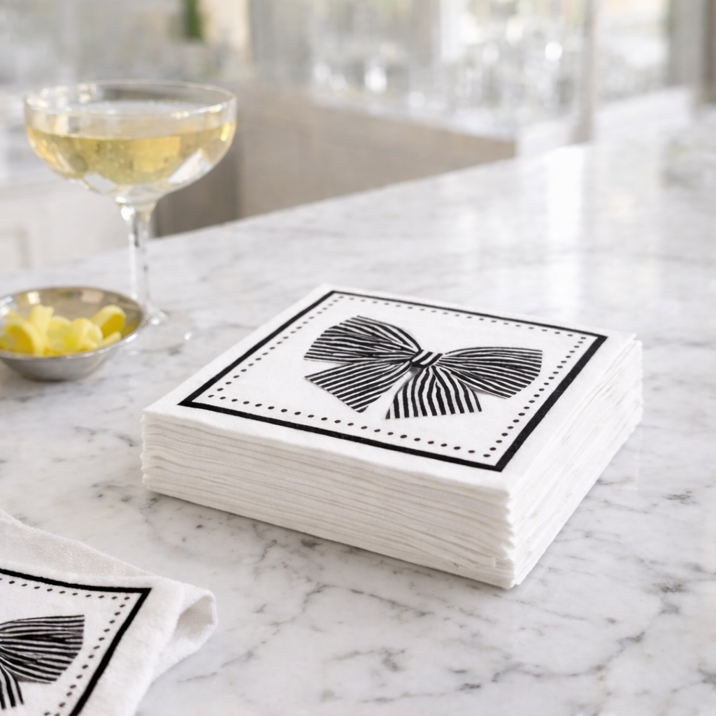 Maven Home Linen-Feel Cocktail Napkins, Black Bow