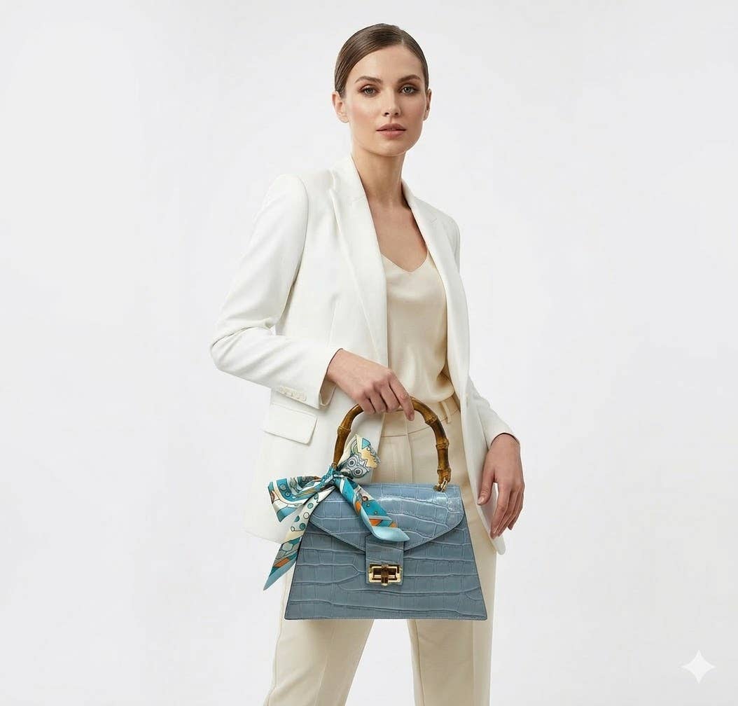 Italian Crocco Leather Bamboo Handle Bag - Mocha