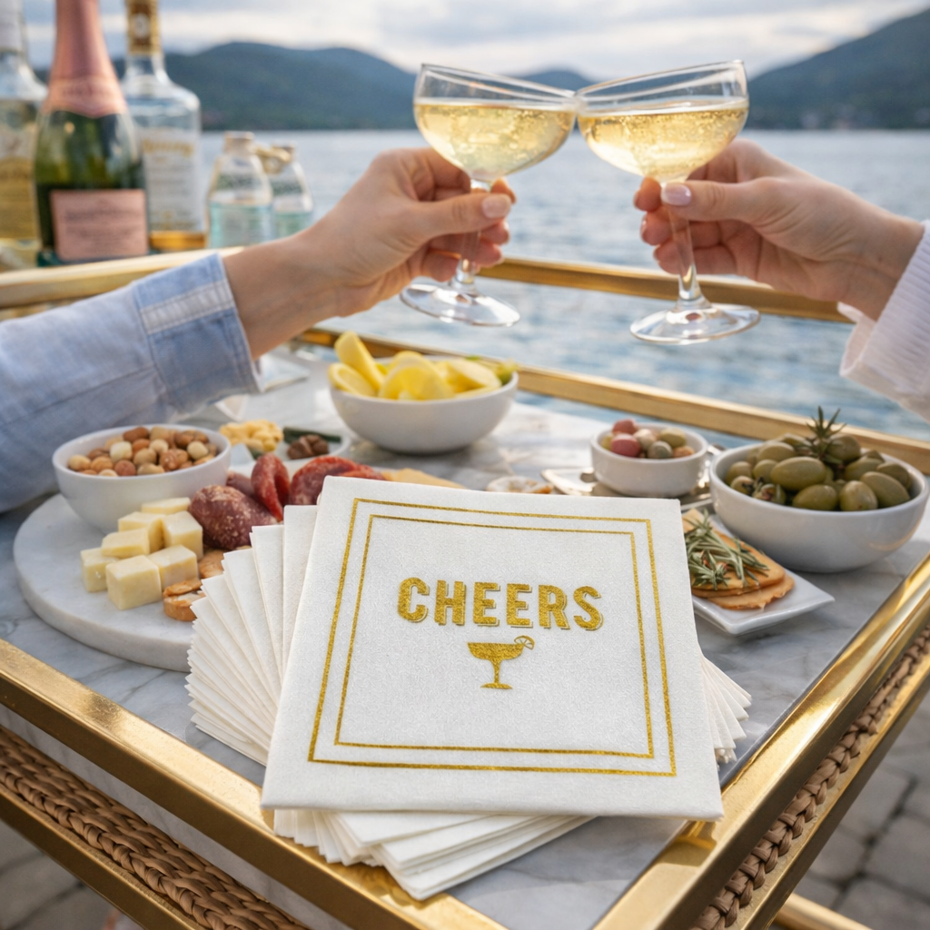 Maven Home Linen-Feel Cocktail Napkins, Cheers