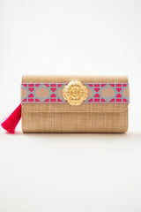 Lisi Lerch Avery Straw Clutch - Blue Shanghai Band with Blossom and Hot Pink Tassel