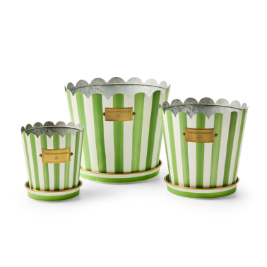 Mackenzie-Childs Grass Green Stripe Pots & Saucers